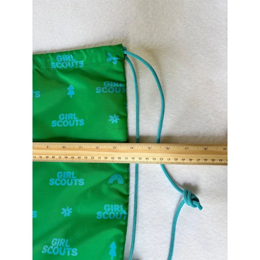 Girl Scouts Green Drawstring Cinch Backpack All Over Logo Print Bag